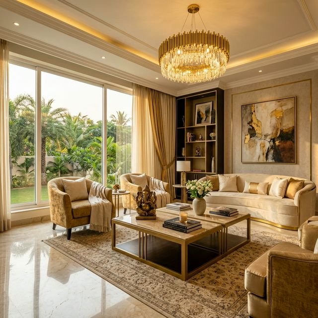 Luxurious interior design living room by Luxora Interiors Chennai